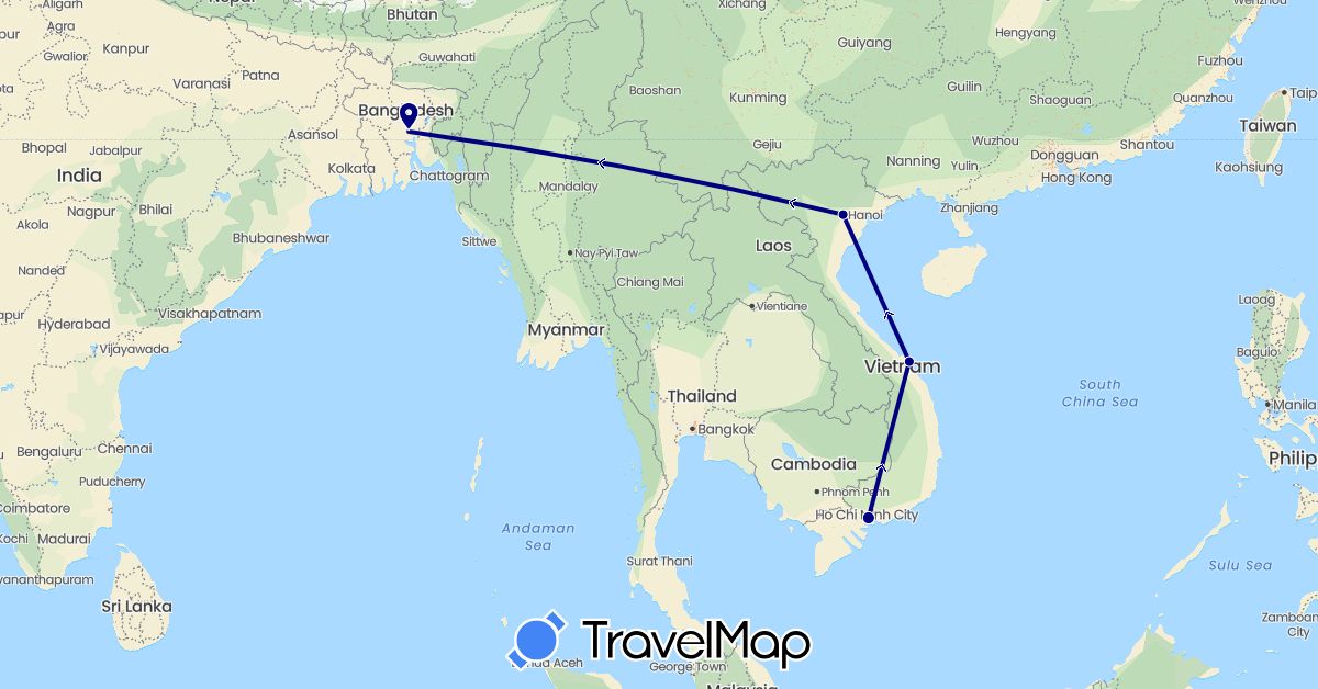 TravelMap itinerary: driving in Bangladesh, Vietnam (Asia)